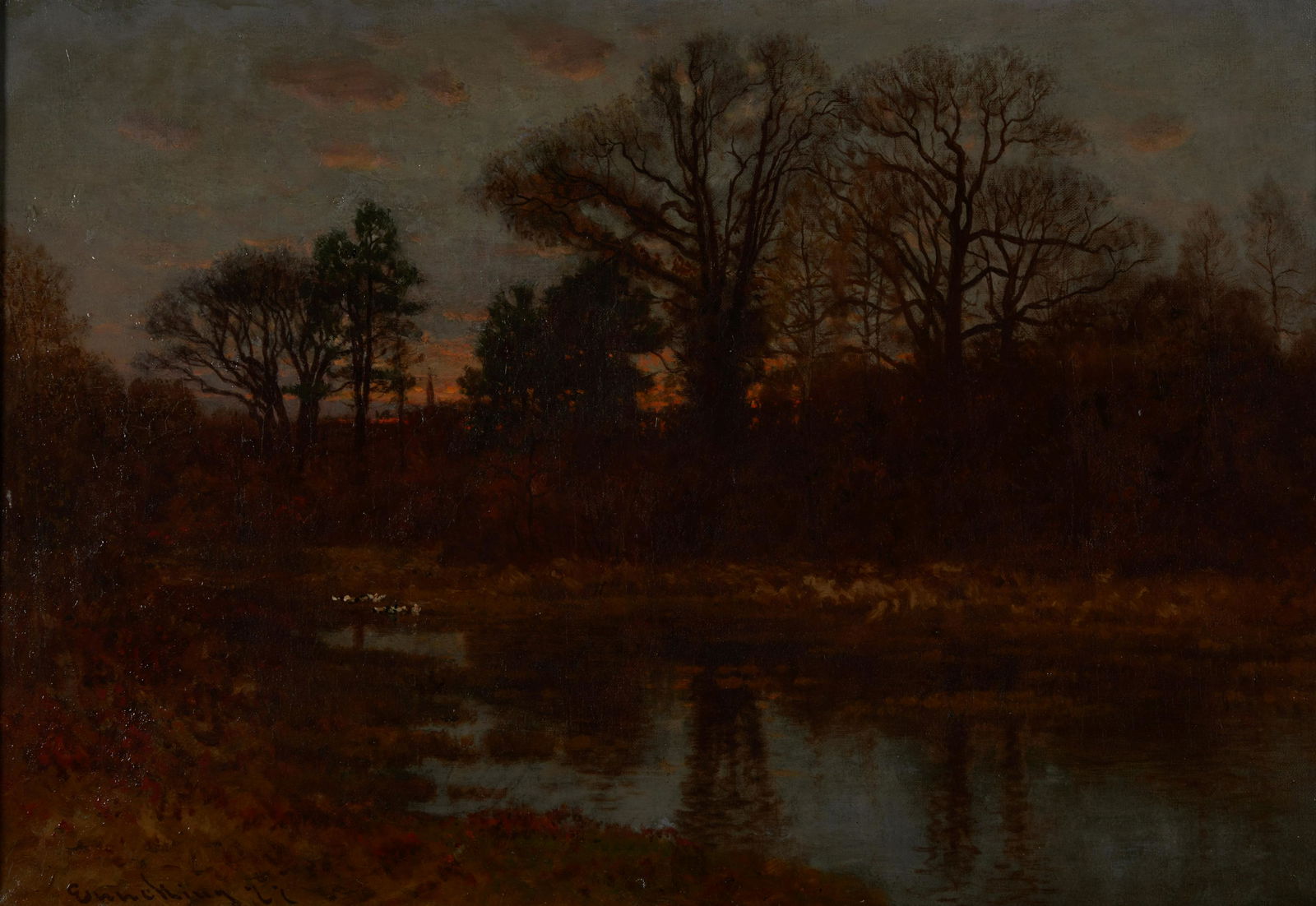 John Joseph Enneking (American, 1841-1916) Afterglow and Autumn Reflection 16 x 24 in. framed 22...: John Joseph Enneking (American, 1841-1916) Afterglow and Autumn Reflection signed and dated 'Enneking 77' (lower right) oil on canvas 16 x 24 in. framed 22 x 30 1/4 x 1 1/2 in.