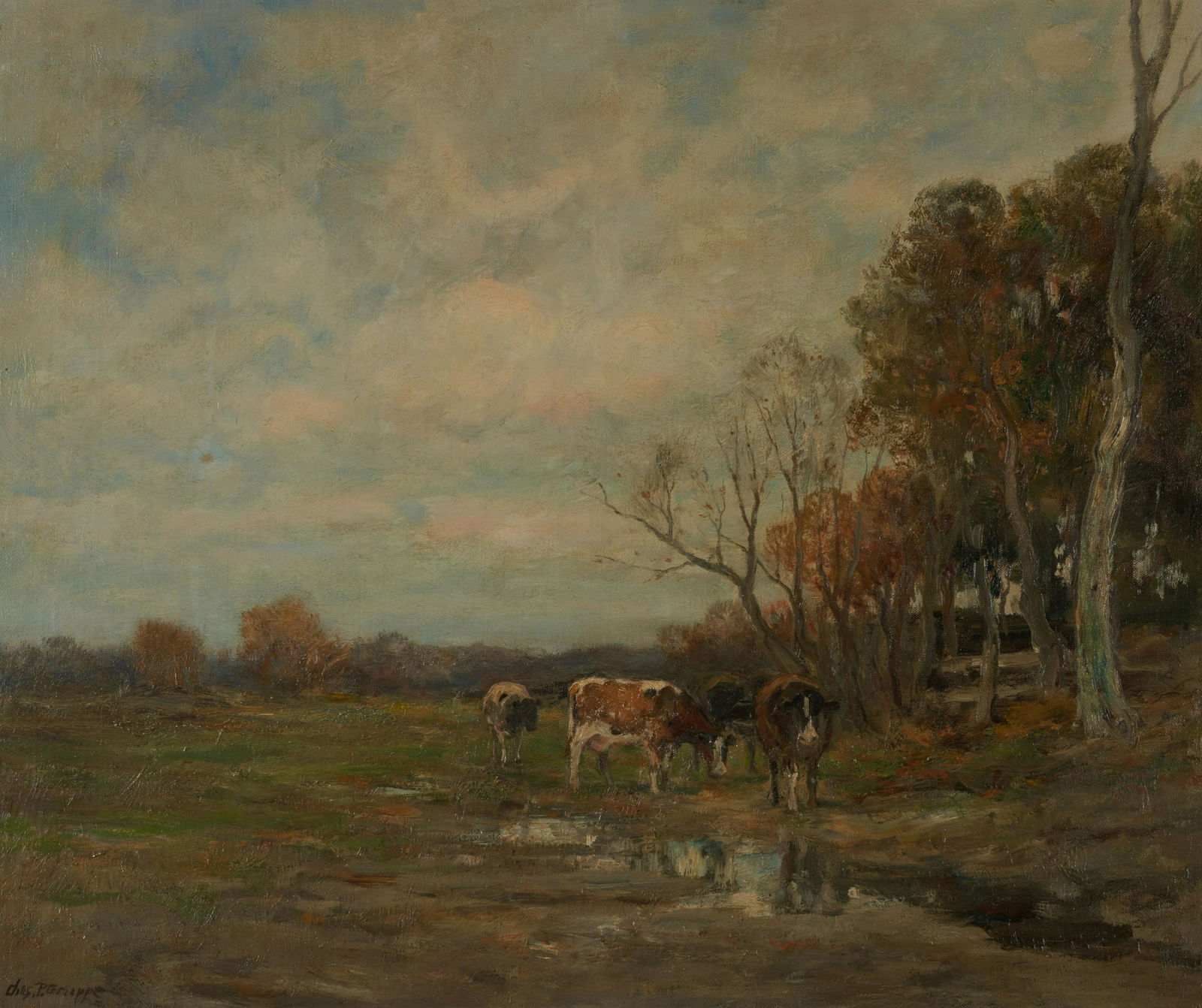 Charles Paul Gruppe (American, 1860-1940) Cows in an Autumn Pasture 24 3/4 x 30 in. framed 30 x ... (1 of 1)