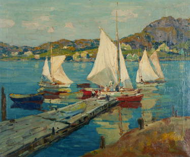 Anthony Thieme (American, 1888-1954) Cat Boats at Dock 25 x 30 in. period frame 30 1/2 x 35 3/4 ...: Anthony Thieme (American, 1888-1954) Cat Boats at Dock signed 'AThieme' (in the paint layer lower left) oil on canvas 25 x 30 in. period frame 30 1/2 x 35 3/4 x 2 3/4 in. Footnotes: Provenan