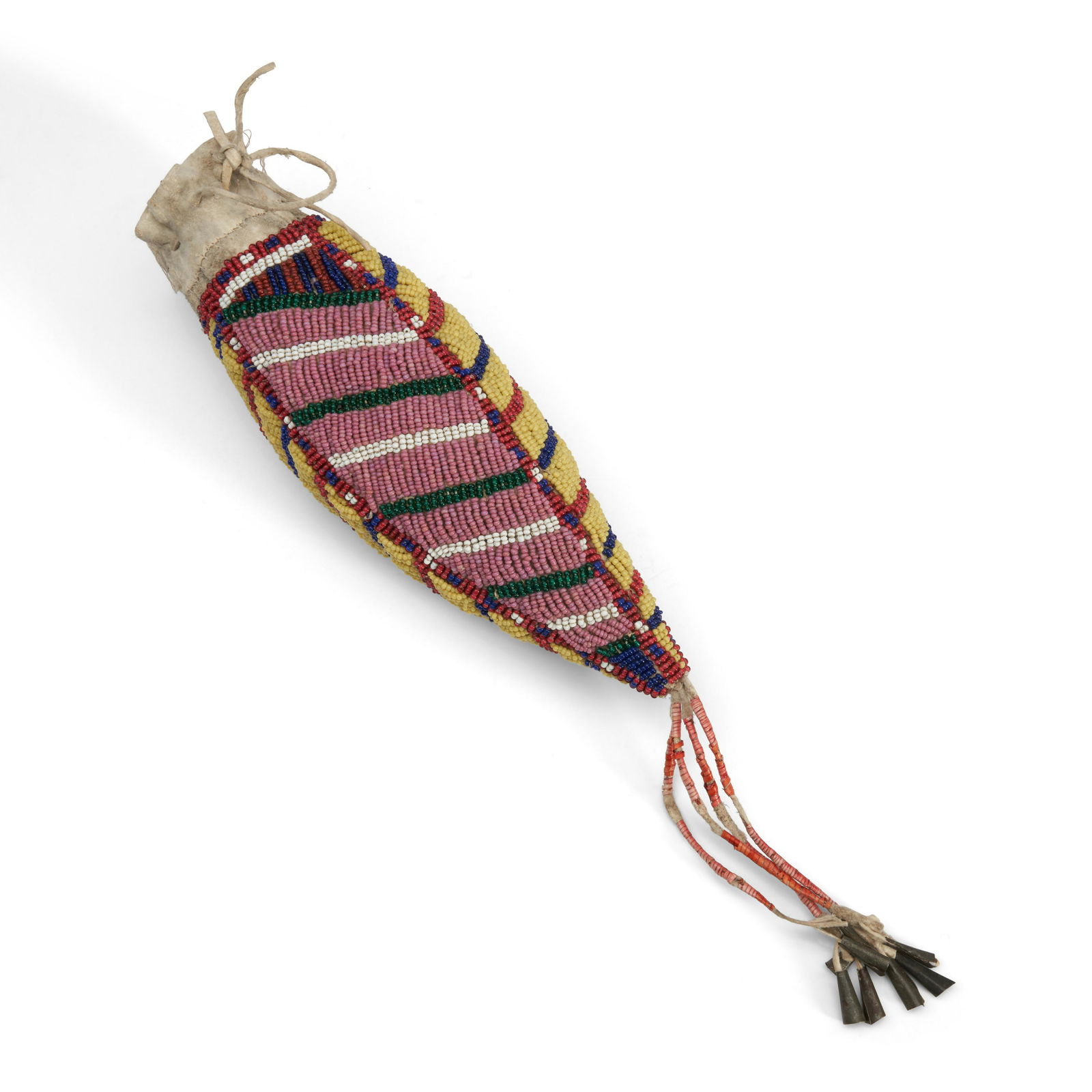 A Plains beaded hide bag lg. excluding drops 8 1/4, full lg. 12 1/2 in. (1 of 1)