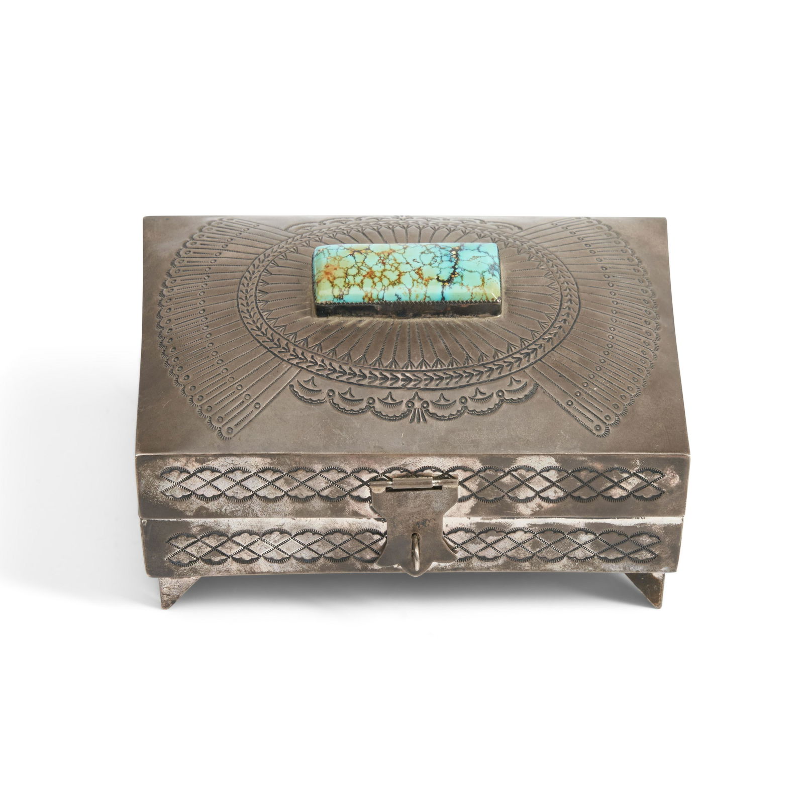 A large Southwest silver and turquoise box ht. 2 1/2, wd. 6 1/2, lg. 4 1/2 in. (1 of 1)