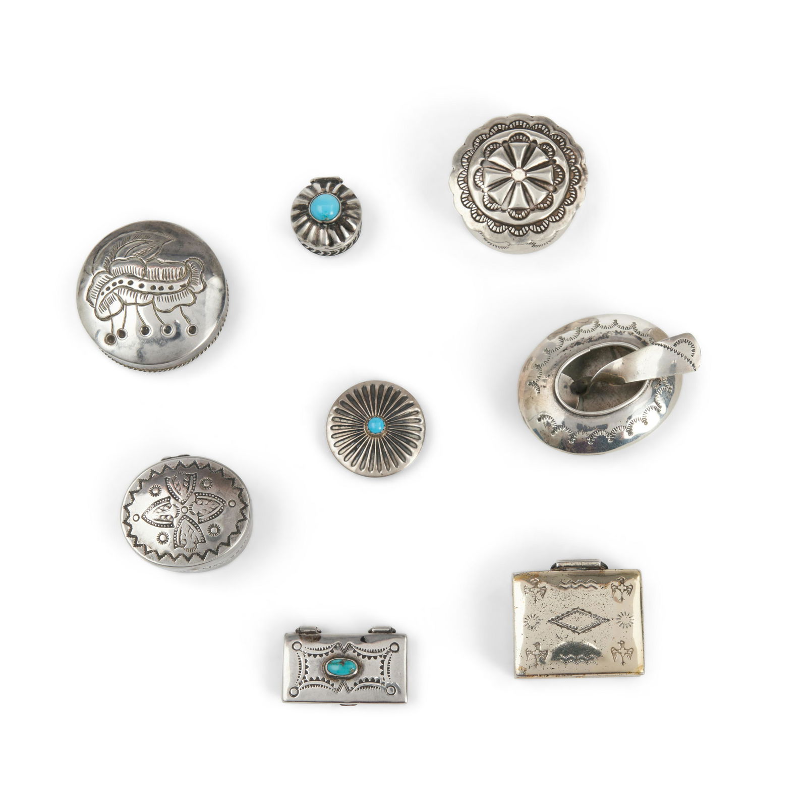 Six small Southwest silver boxes dia. 1 1/2, 1 1/4, 1 1/8, 1, 5/8, wd. 1 3/4, 1 1/4, and 1 1/4 in. (1 of 1)