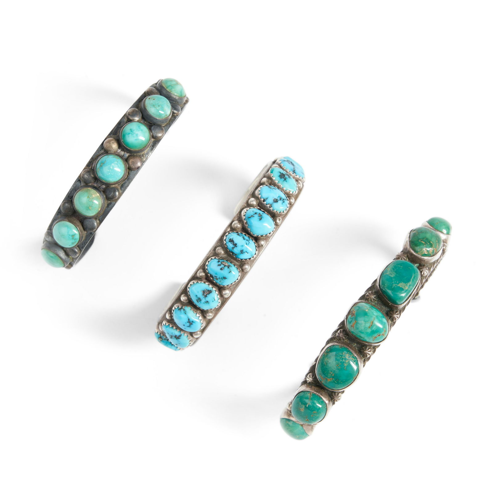 Three Diné (Navajo) silver and turquoise bracelets wd. 1/2, interior circumference 5, with ... (1 of 1)