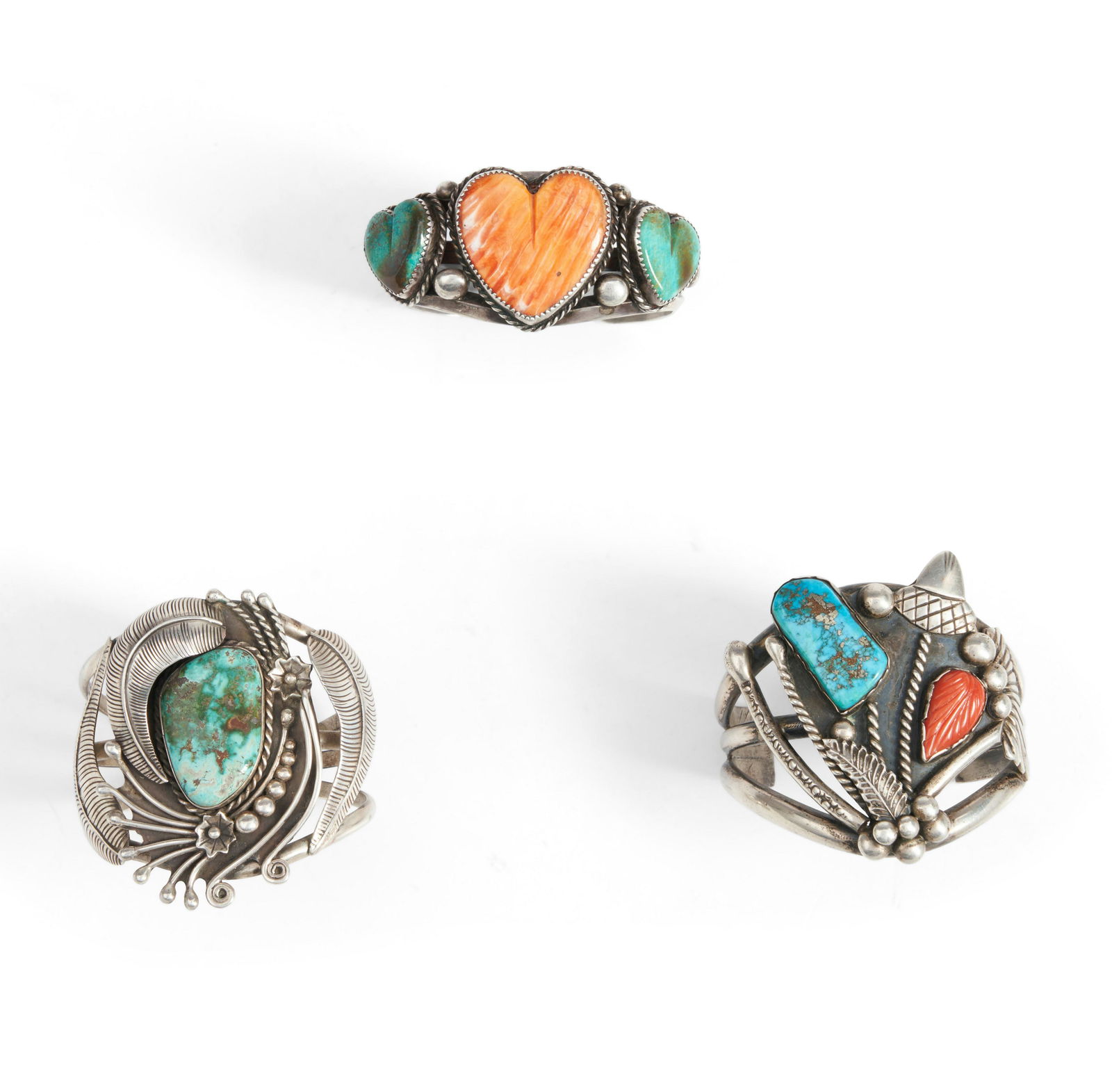 Three Southwest silver and turquoise cuffs wd. 2 1/2, interior circumference 5 1/2, with 7/8 gap... (1 of 1)