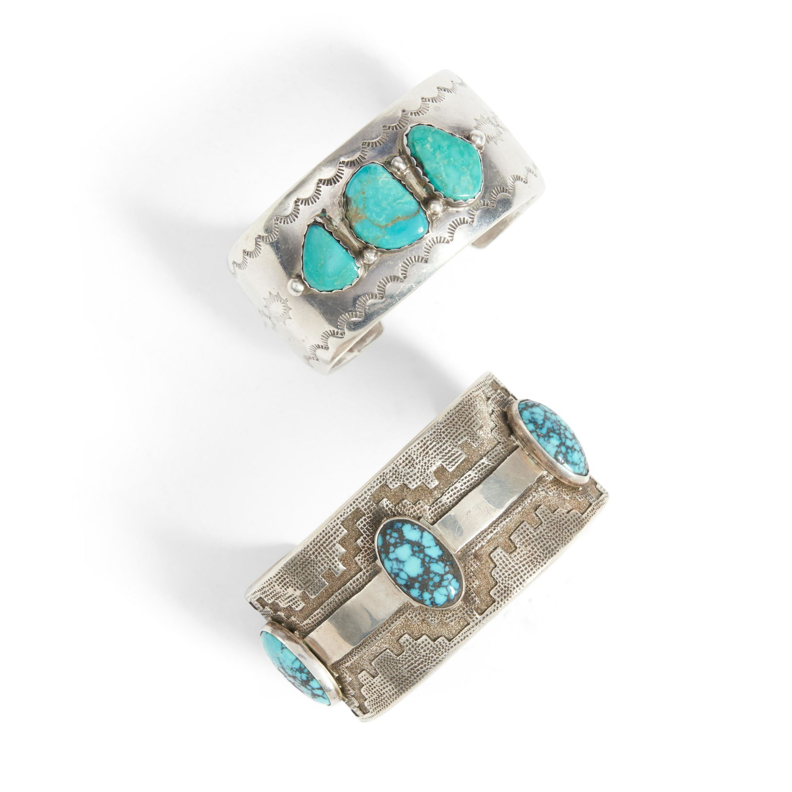 Two Southwest silver and turquoise cuff bracelets wd. 1 7/16, interior circumference 5 1/2 with ... (1 of 1)