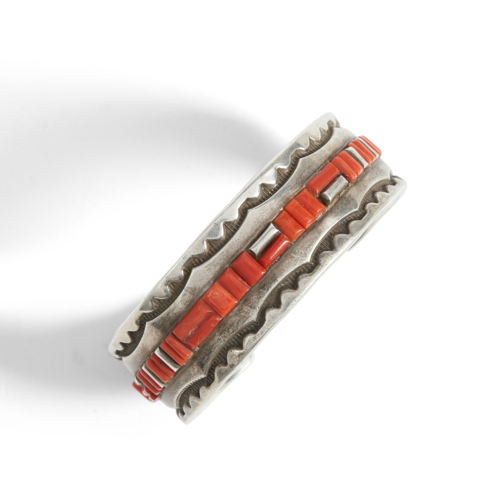 A Diné (Navajo) silver and coral cuff bracelet Mary and Kenneth Bill wd. 1, interior circum... (1 of 1)