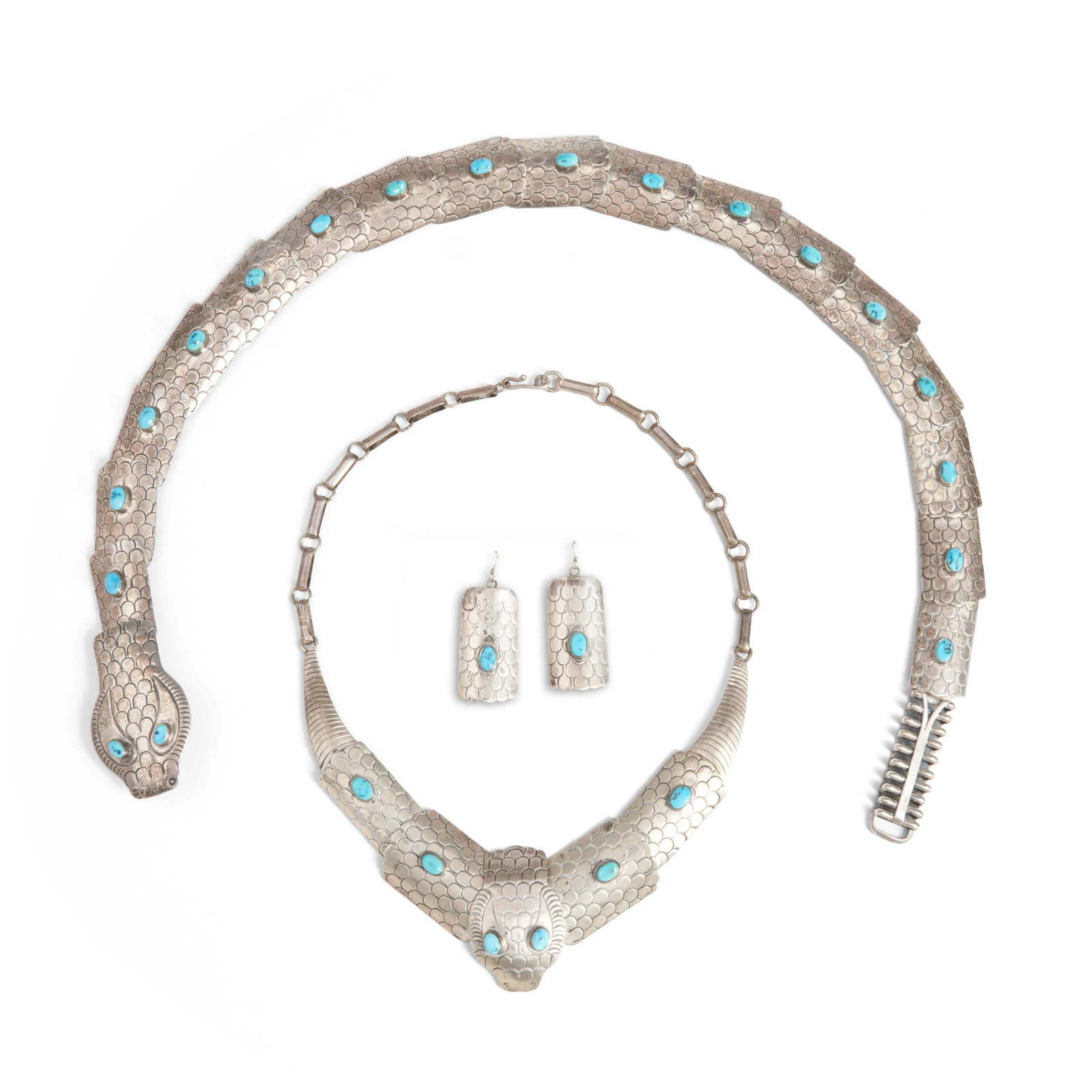 A Southwest silver and turquoise belt and necklace set lg. of belt 29 1/4, lg. of necklace 21 1/...: A Southwest silver and turquoise belt and necklace set Attributed to Fred Guerro, the link belt in the form of a snake, with stamped scales and a single turquoise setting, the buckle in the form of th