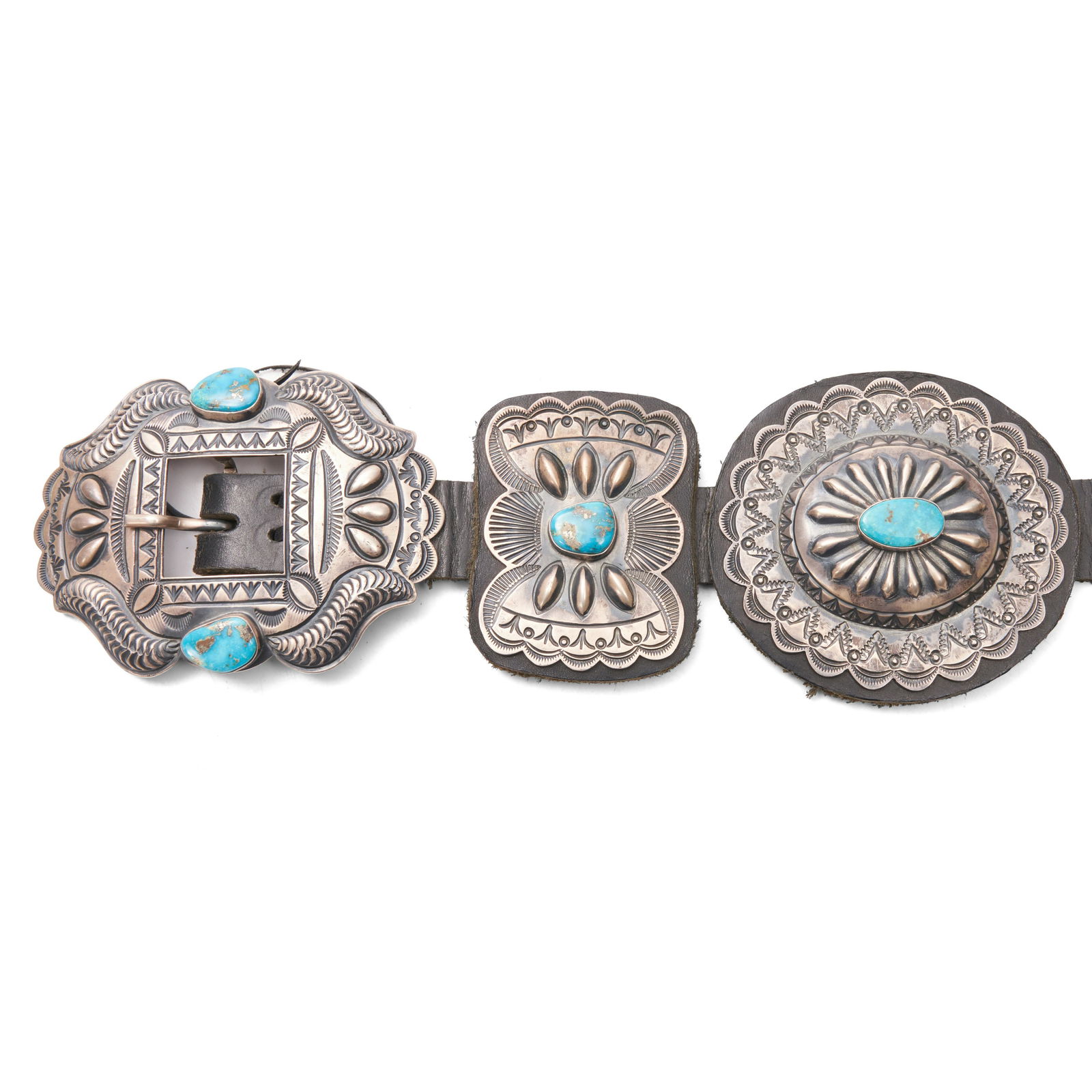 A Kurt Smith silver and turquoise concha belt overall lg. 55, size of conchas 2 3/4 x 3 in. (1 of 1)