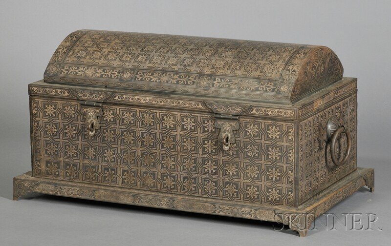 Large Inlaid Islamic Chest, iron with inlaid metal geom: Large Inlaid Islamic Chest, iron with inlaid metal geometric and stylized floral decoration, domed lid and large ring handles, 38 5/8 x 26 1/2 x 23 in.