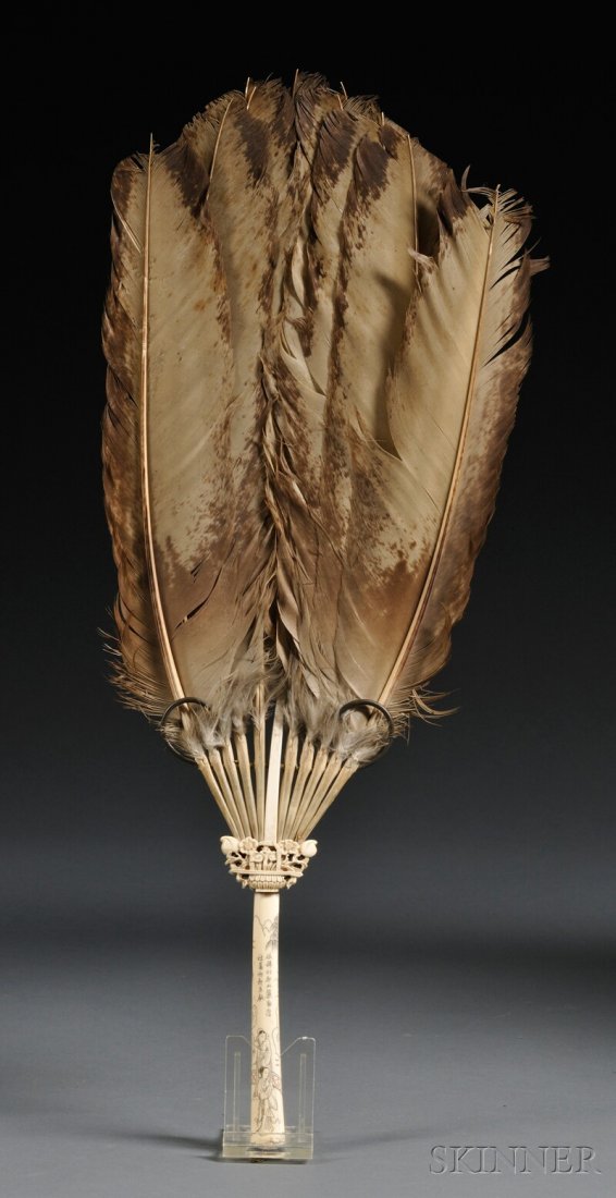 Fan, China, 20th century, feathers supported by an ivor: Fan, China, 20th century, feathers supported by an ivory handle, handle decorated with calligraphy and figures in a landscape, lg. 19 1/4 in.