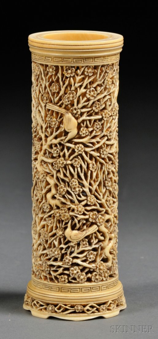 Miniature Ivory Perfume Holder, China, 19th century, fi: Miniature Ivory Perfume Holder, China, 19th century, finely carved with birds and plum flower branches, ht. 4 1/8 in.
