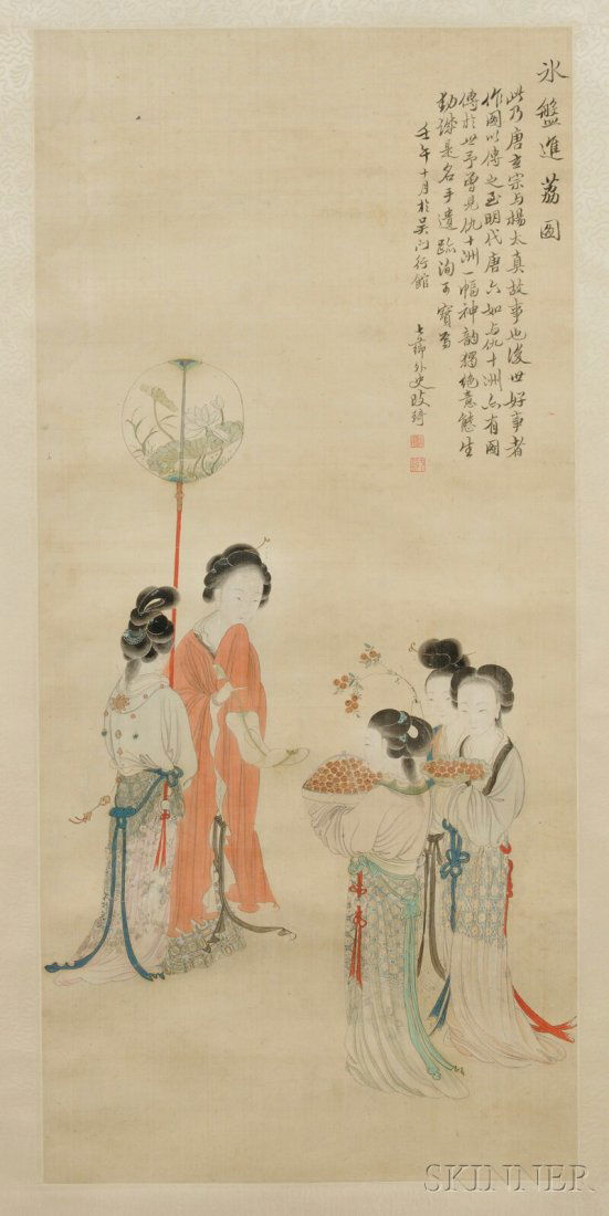 Hanging Scroll, China, ink and color on paper, attribut: Hanging Scroll, China, ink and color on paper, attributed to Gai Qi, depicting a group of four women from the Qing dynasty, inscribed with a poem, dated, with two seals, 39 x 18 in. Provenance: Prviat