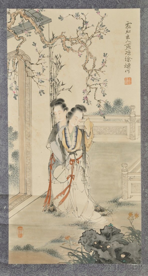 Hanging Scroll, China, ink and color on paper, depictin: Hanging Scroll, China, ink and color on paper, depicting two ladies in a yard, inscribed and signed "Yan Sunxu Cao Zuo," with two seals, 26 x 14 in.