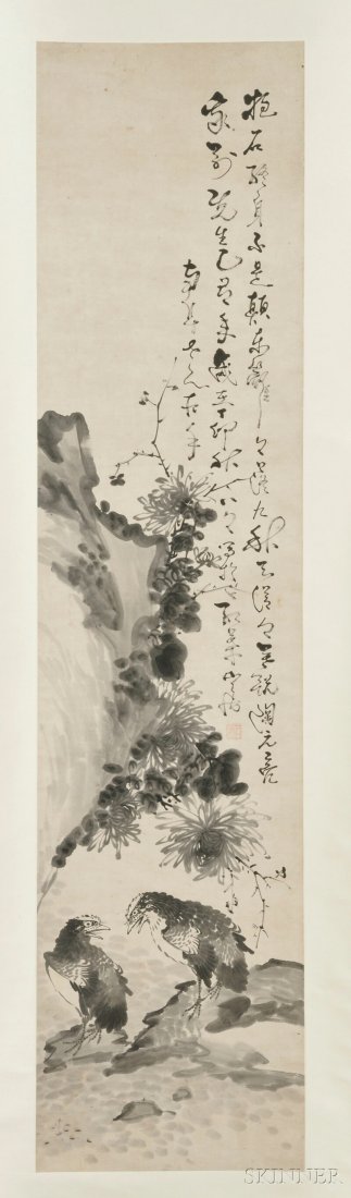 Hanging Scroll, China, ink and color on paper, in the m: Hanging Scroll, China, ink and color on paper, in the manner of Gao Fenghan, depicting two birds with a rock, inscribed and bears signature, with one seal, 52 1/2 x 12 1/2 in.