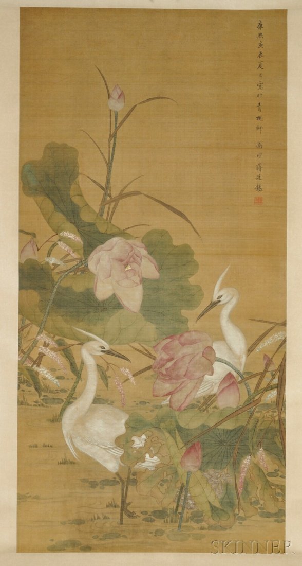 Hanging Scroll, China, ink and color on silk, in the ma: Hanging Scroll, China, ink and color on silk, in the manner of Jiang Tingxi, depicting two cranes with lotus flowers and leaves, inscribed, bears signature, with one seal, 49 1/2 x 23 in.