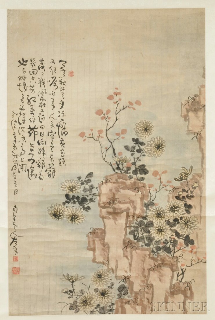 Hanging Scroll, China, ink and color on paper, attribut: Hanging Scroll, China, ink and color on paper, attributed to Gao Fenghan, depicting some flowers and rocks, inscribed with a poem, and bears signature, with three seals, 43 x 28 1/2 in.