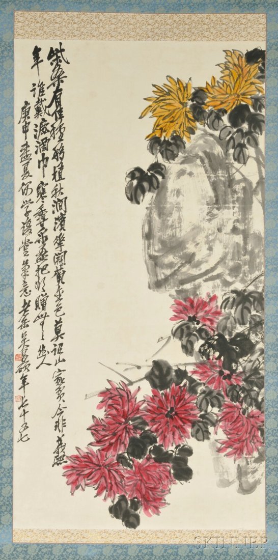 Hanging Scroll, China, ink and color on paper, in the m: Hanging Scroll, China, ink and color on paper, in the manner of Wu Changshuo, depicting flowers and rocks, inscribed and bears signature, with two seals, 46 x 24 in.