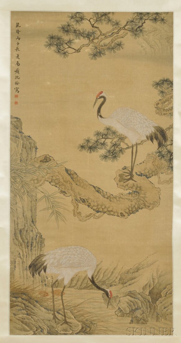 Hanging Scroll, China, ink and color on silk, in the ma: Hanging Scroll, China, ink and color on silk, in the manner of Shen Quan, depicting two cranes with pine trees and bamboo, inscribed and bears signature, with two seals, 45 x 23 in.