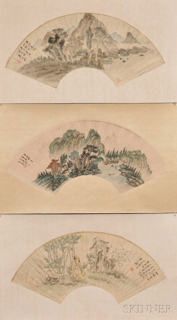 Six Loose Fan Paintings, China, ink and color on paper,: Six Loose Fan Paintings, China, ink and color on paper, one attributed to Wu Hufan, depicting a landscape, inscribed, with two seals, 21 x 7; one attributed to Fei Yigeng, depicting a man in a landsca