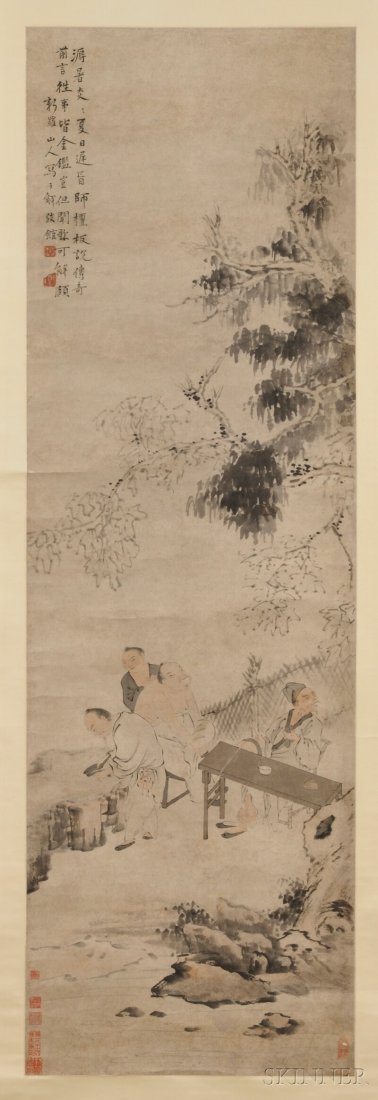Hanging Scroll, China, ink and color on paper, depictin: Hanging Scroll, China, ink and color on paper, depicting four figures in a yard with trees and fence, signed "Xin Luo Shan Ren," inscribed, eight seals, 18 x 56 in. Provenance: Christie's, New York, S