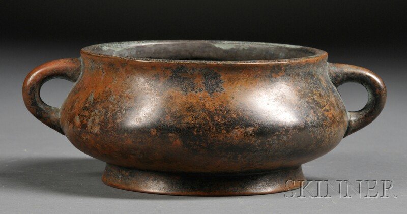 Bronze Censer, China, with twin handles, lip slightly s: Bronze Censer, China, with twin handles, lip slightly splayed, constricted neck, drum belly, with four-character "Yu Tang Qing Wan" mark cast in the base, dia. 5, ht. 3 in.