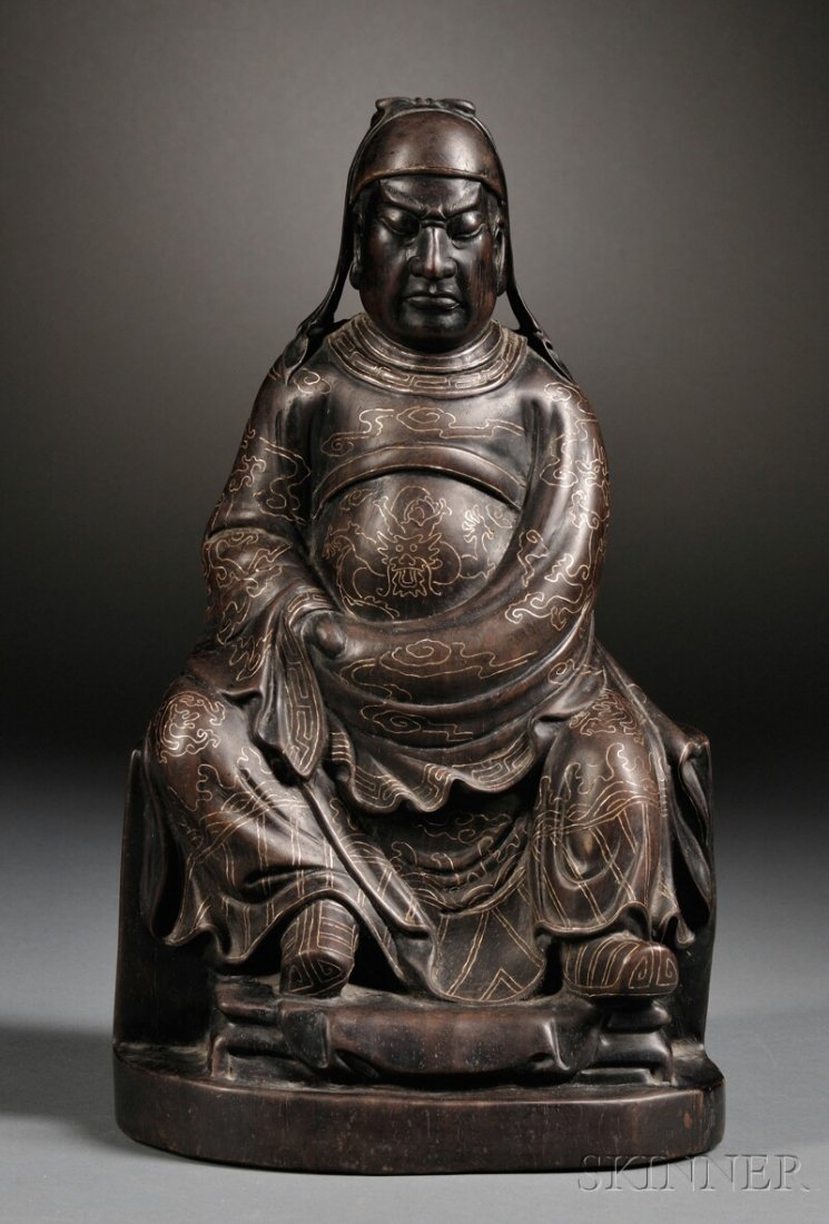 Wood Figure, China, possibly zitan, carving of an offic: Wood Figure, China, possibly zitan, carving of an official in a hat, seated on a chair, wearing an official gown inlaid with silver, depicting a dragon, scrolling chilong, and dated "Sui Ci, jiawu</