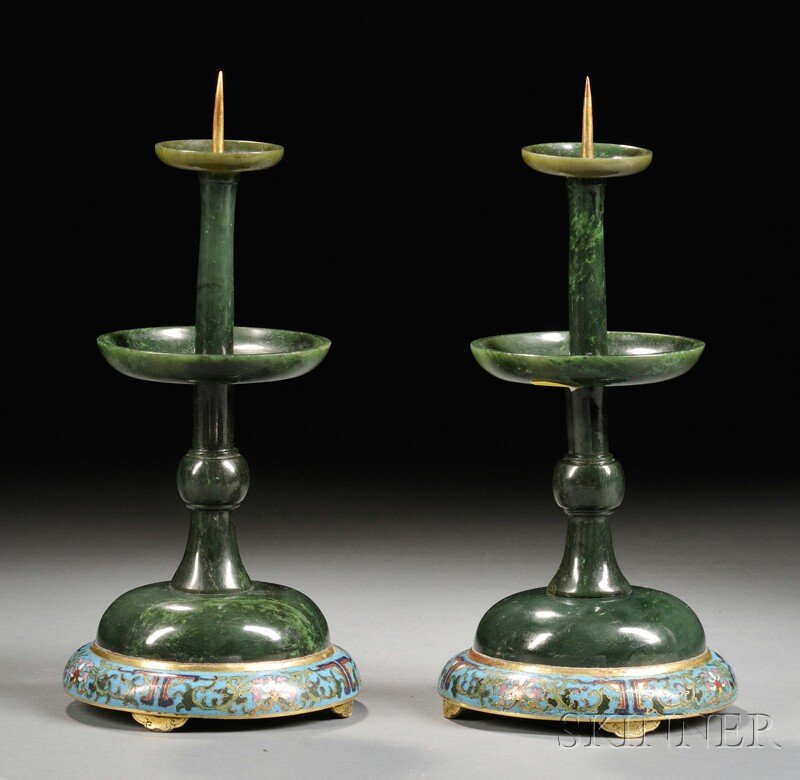 Pair of Jade Candlesticks on Cloisonne Stand, China, 19: Pair of Jade Candlesticks on Cloisonne Stand, China, 19th/20th century, standing on a high foot, stand decorated with scrolling lotus flowers and leaves, stone of dark green color, ht. 9 in.