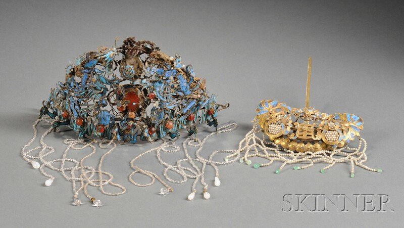 Kingfisher Headdress and Hairpin, China, 19th century,: Kingfisher Headdress and Hairpin, China, 19th century, the headdress depicting birds, insects, and auspicious symbols in feathers, carnelian, and glass beads, nine strands of white glass beads hanging
