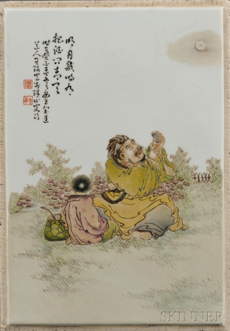 Pair of Porcelain Plaques, China, 19th/20th century, on: Pair of Porcelain Plaques, China, 19th/20th century, one with an enameled scene of an Immortal holding a big peach with a basket and two bats in the sky; the other with enameled scene of a seated Immo