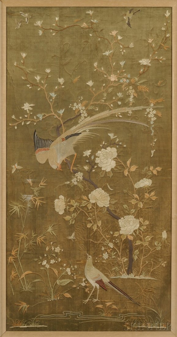 Embroidery, China, 20th century, decorated with two bir: Embroidery, China, 20th century, decorated with two birds with flowers; the larger one perched on a flowering branch, the other on the ground looking up at the larger bird, on a faded green ground, fr