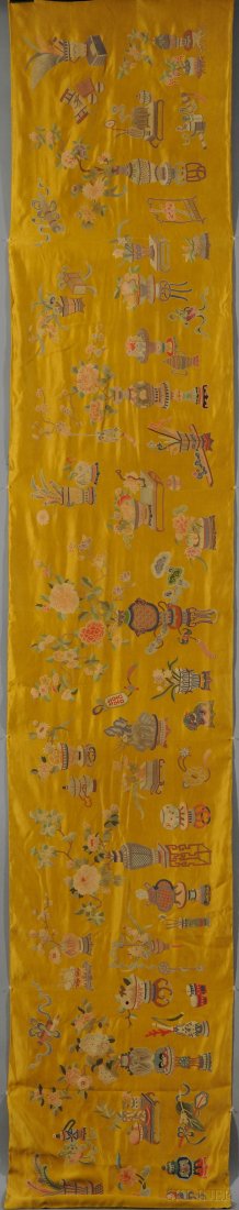 Textile, China, 19th/20th century, embroidered in brigh: Textile, China, 19th/20th century, embroidered in bright yellow silk with flowers, bats, vases, scrolls, peaches, etc., 26 x 148 in.