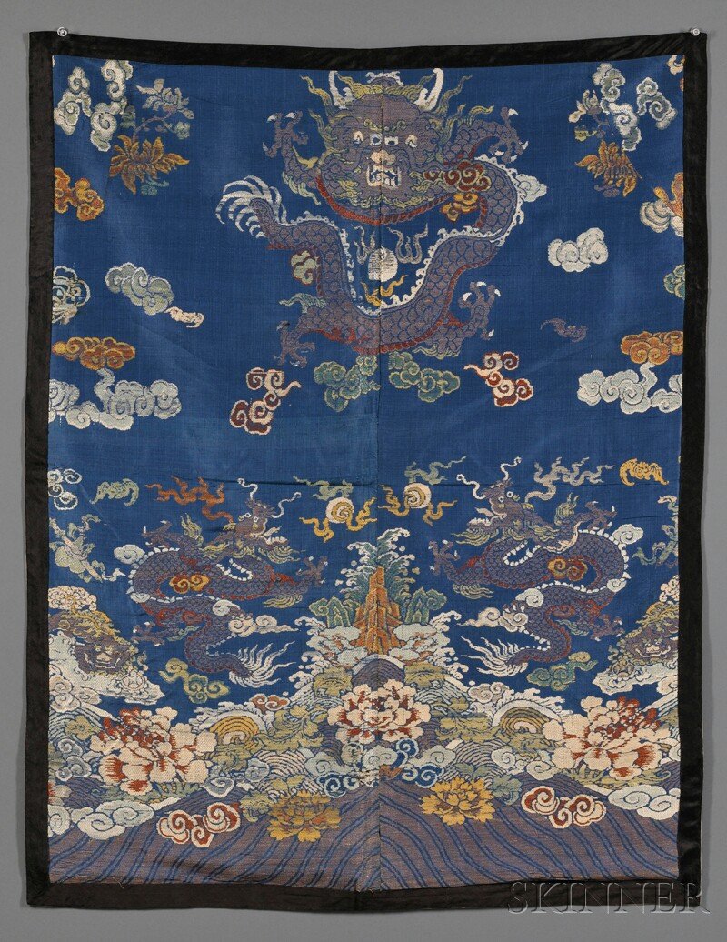 Kesi Textile Panel, China, 20th century, rectangular, d: Kesi Textile Panel, China, 20th century, rectangular, depicting three dragons above crashing waves, flowers, and mountains on a blue ground, with flying bats and clouds in the air, in multicolored thr