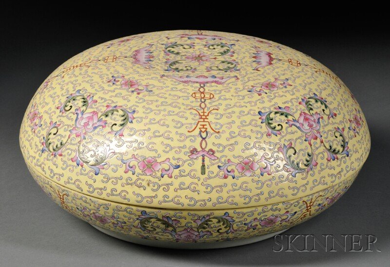 Famille Rose Covered Bowl, China, 20th century, flatten: Famille Rose Covered Bowl, China, 20th century, flattened round shape decorated with enamel scrolling lotus and tendrils, bats, and shou characters, dia. 13 3/4 in.