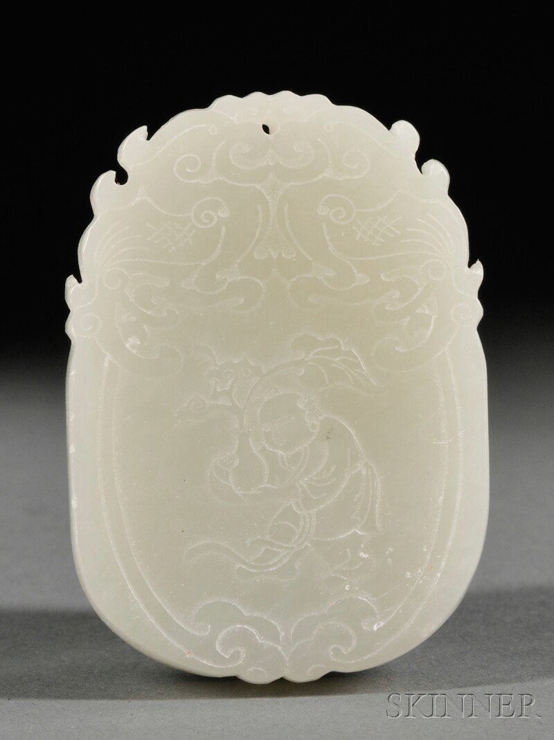 Jade Plaque, China, depicting a fu character on one sid: Jade Plaque, China, depicting a fu character on one side, the other side a child holding a vase with flowers, stone of pale celadon color, lg. 2 in.