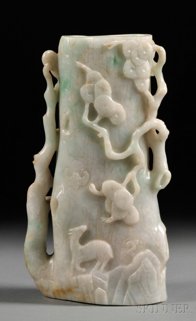Carved Jade Vase, China, 18th/19th century, surface car: Carved Jade Vase, China, 18th/19th century, surface carved with pine trees, mountains, a crane, and a horse, stone of pale celadon with apple green markings, ht. 8 1/4 in.