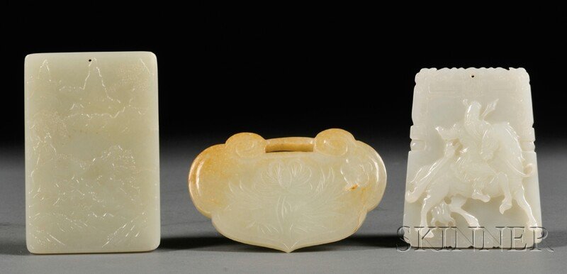 Three Jade Plaques, China, one carved in relief with Ge: Three Jade Plaques, China, one carved in relief with General Guan Yu riding a horse and holding a weapon, white stone, lg. 3; one rectangular, carved in shallow relief with two figures, houses, a will