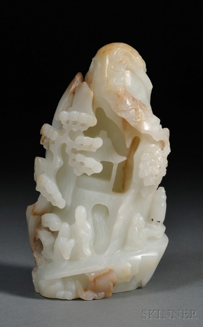 Jade Mountain, China, depicting a mountain scene with p: Jade Mountain, China, depicting a mountain scene with pine trees, a house, three figures, and two deer, stone of pale greenish-gray color with russet markings and inclusions, ht. 5 in.