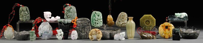 Twenty-four Stone Items, China, three soapstone ingots,: Twenty-four Stone Items, China, three soapstone ingots, a soapstone plaque, eleven stone pendants, and nine stone and jade carvings, lg. approx. 3 in.