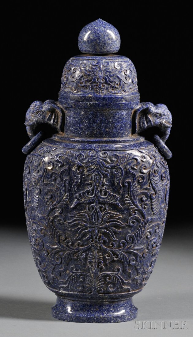Lapis Lazuli Jar with Cover, China, Mughal-style, flatt: Lapis Lazuli Jar with Cover, China, Mughal-style, flattened baluster shape, the body and cover carved in relief with scrolling lotus flowers and leaves, elephant-head handles suspending loose rings, t