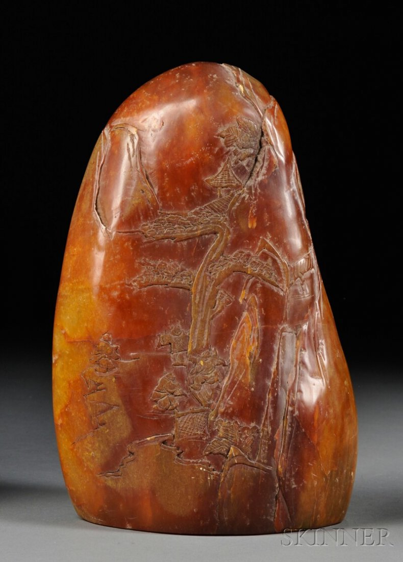 Soapstone Seal, China, depicting a landscape with pine: Soapstone Seal, China, depicting a landscape with pine trees and small children, carving of seal characters at the base, stone of orange-red color, ht. 9 in.
