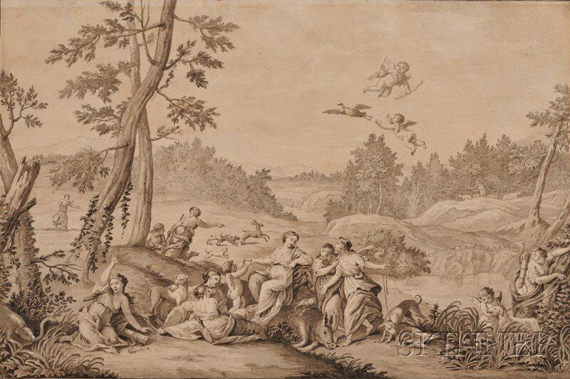 Continental School, 18th/19th Century, After France: Continental School, 18th/19th Century, After Francesco Bartolozzi (Italian, 1727- 1815) Diana and Her Maidens. Unsigned, inscribed "Bartolozzi - Virgin Goddess of Hunting" in pencil on the reverse. In