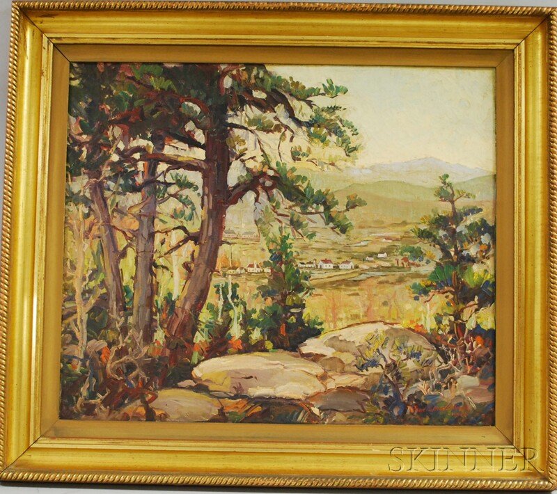 Earl C. Schwartzkopf (American, 1888-1968) Landscap: Earl C. Schwartzkopf (American, 1888-1968) Landscape with Houses. Signed and dated "Earl Schwartzkopf 1942" l.r. Oil on canvas, 25 x 30 in., framed. Condition: Retouch, craquelure, surface grime.