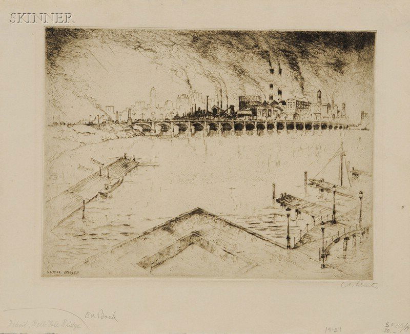 Anton Schutz (German/American, 1894-1977) Detroit,: Anton Schutz (German/American, 1894-1977) Detroit, Belle Isle Bridge. Signed "A. Schutz" in pencil l.r., signed in the plate, titled in pencil l.l. Etching on paper, plate size 9 x 11 7/8 in., unmatte