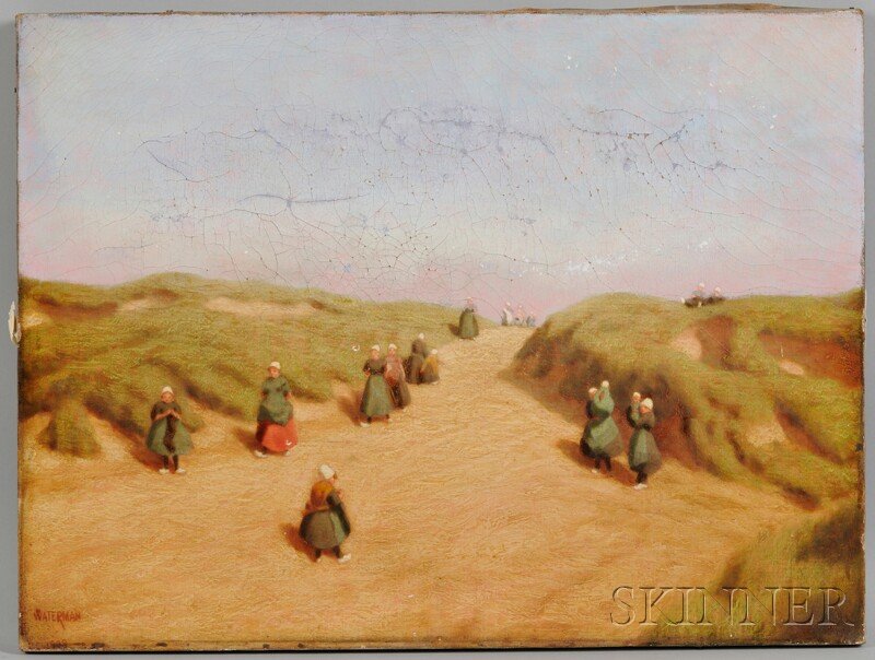Marcus A. Waterman (American, 1834-1914) Bretagne W: Marcus A. Waterman (American, 1834-1914) Bretagne Woman on the Dunes. Signed and dated "WATERMAN 1908" l.l. Oil on canvas, 18 x 24 in., unframed. Condition: Craquelure, possible retouch, mild surfac