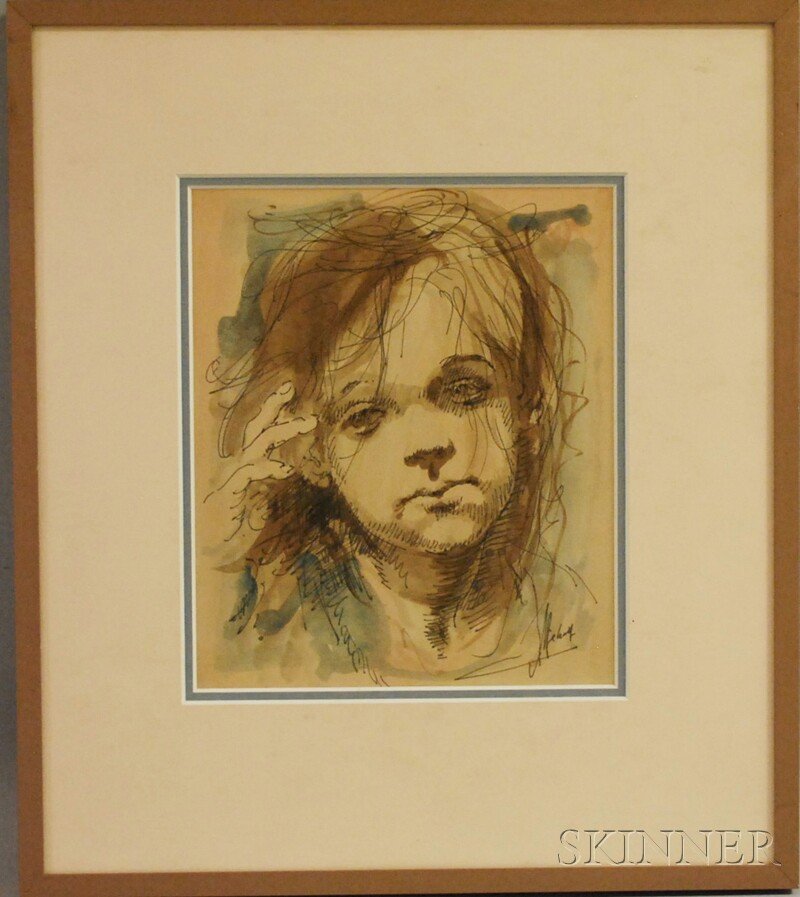 Conger A. Metcalf (American, 1914-1998) Portrait of: Conger A. Metcalf (American, 1914-1998) Portrait of a Young Girl. Signed "CMetcalf" in pen l.r. Ink and watercolor on paper, sight size 8 3/4 x 7 1/4 in., framed.
