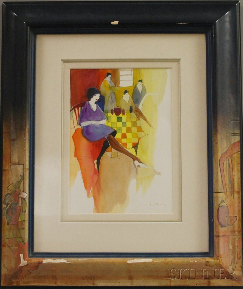 Itzchak Tarkay (Israeli, b. 1935) Women Seated. Sig: Itzchak Tarkay (Israeli, b. 1935) Women Seated. Signed "Tarkay" l.r. Watercolor, gouache, and graphite on paper, sight size 13 1/4 x 9 1/4 in., in a signed frame by Karl Wissing.