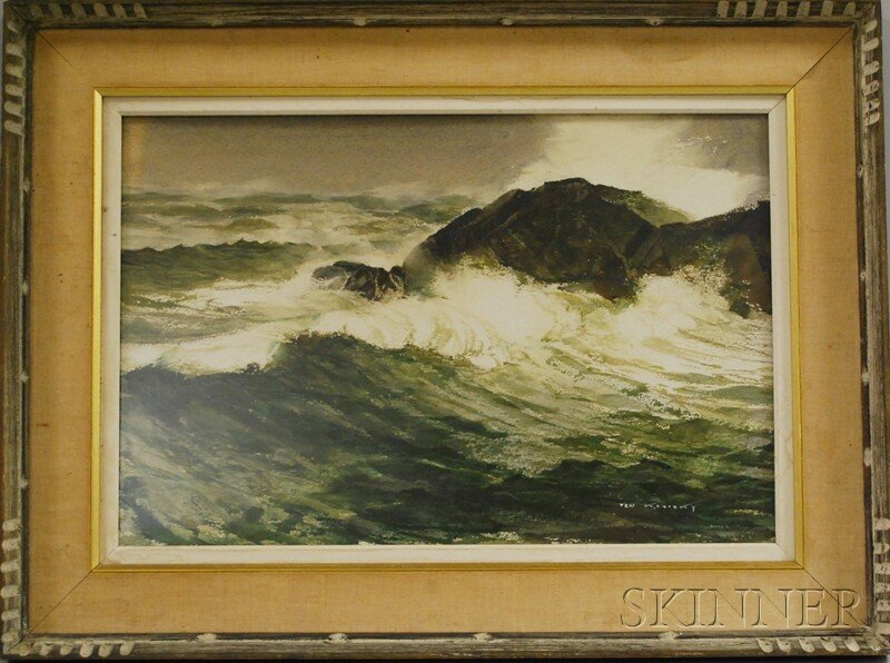 Ted Kautzky (American, 1896-1953) Crashing Waves. S: Ted Kautzky (American, 1896-1953) Crashing Waves. Signed "TED KAUTZKY" l.r. Watercolor on paper, sight size 14 3/4 x 22 in., framed.