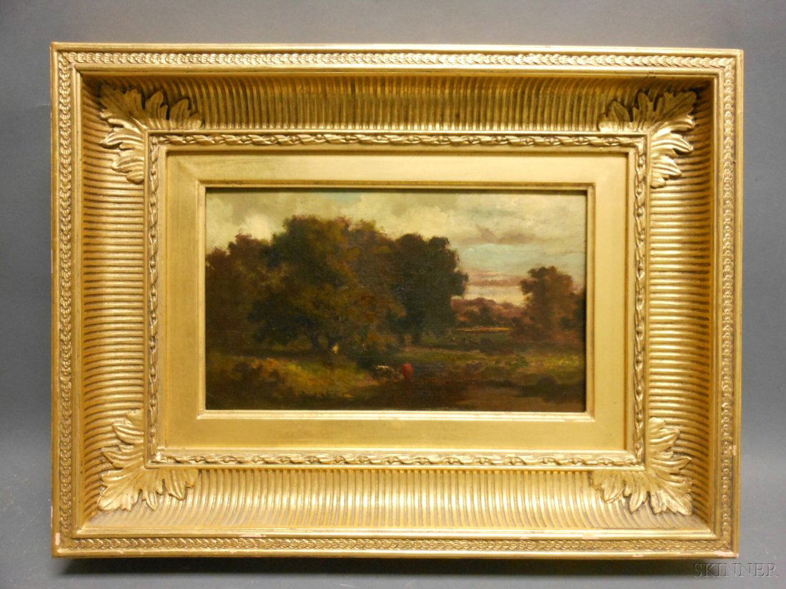 Attributed to William Keith (American, 1838-1911) L: Attributed to William Keith (American, 1838-1911) Landscape with Cows. Unsigned, inscribed indistinctly on the reverse. Oil on panel, 6 7/8 x 11 1/4 in., framed. Condition: Minor surface grime. Pro