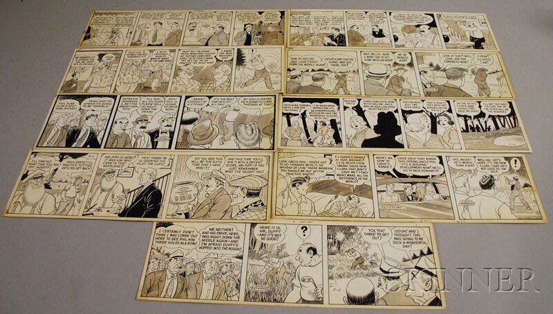 Lank Leonard (American, 1896-1970) Nine Golf-relat: Lank Leonard (American, 1896-1970) Nine Golf-related Illustrations for Mickey Finn: TWO OF A KIND!, PERFECTION!, UNDER PRESSURE!, A