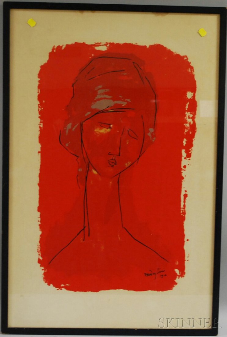 After Amedeo Modigliani (Italian, 1884-1920) Tete: After Amedeo Modigliani (Italian, 1884-1920) Tete de femme. Signed and dated within the matrix. Color lithograph, image size 27 1/2 x 17 1/2 in., framed.